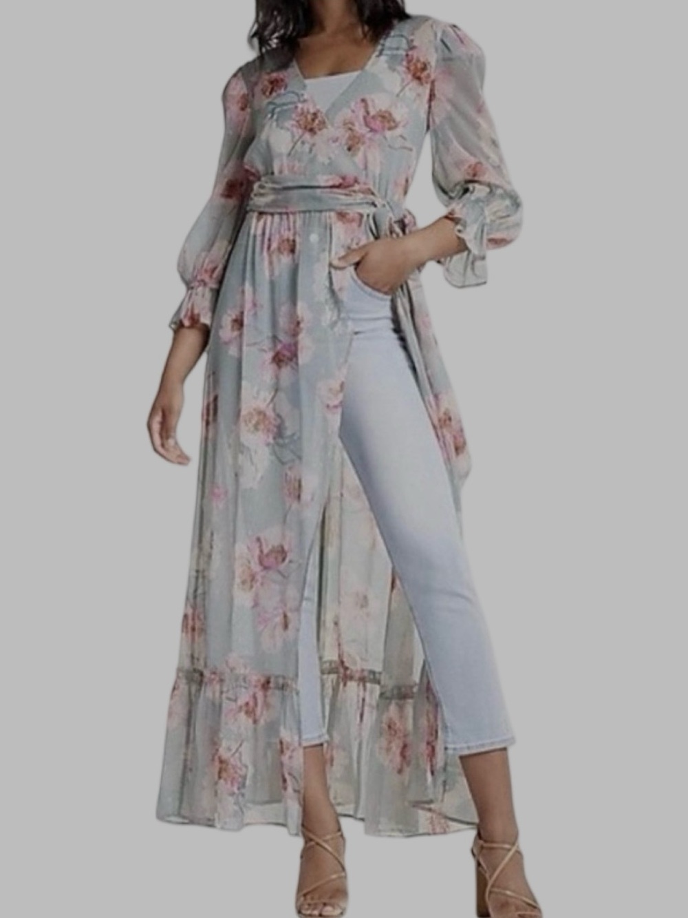 EXPRESS Wrap Light Green  Pink Floral Print Maxi Dress Size S/M